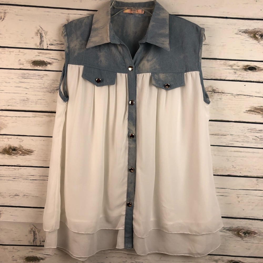 Banana USA small distressed denim sheer shirt